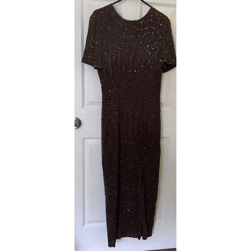 Vintage Stenay Women’s Size 10 Beaded Sequin Brown Dress Silk Polyester